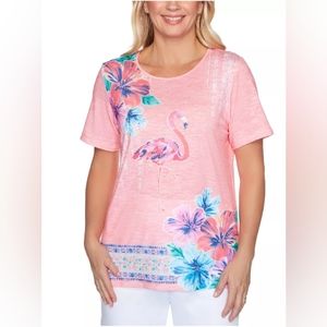Alfred Dunner Miami Beach Coastal Flamingo Top Tropical Shirt Petite Large